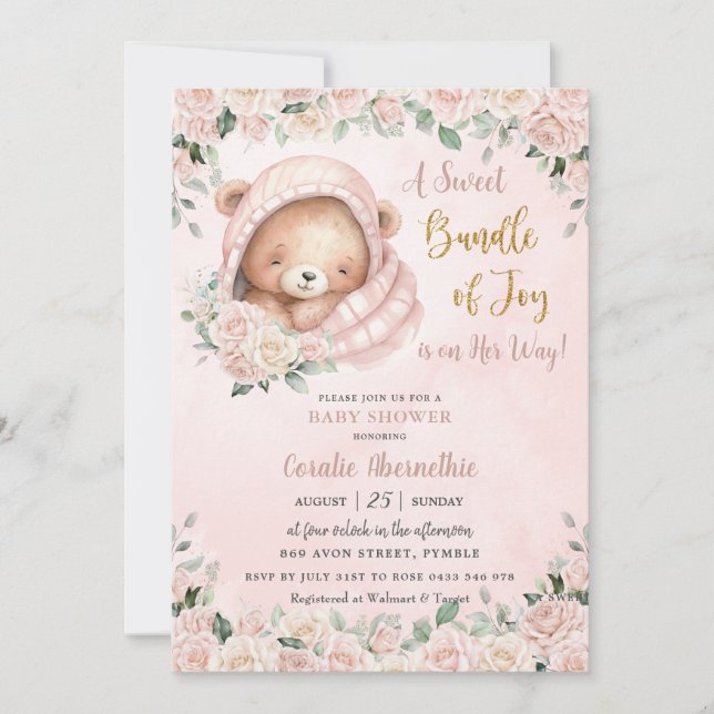 Cute Teddy Bear Blush Pink Floral Girl Baby Shower Invitation (Front)