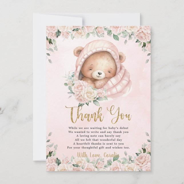 Cute Teddy Bear Blush Pink Floral Girl Baby Shower Thank You Card (Front)