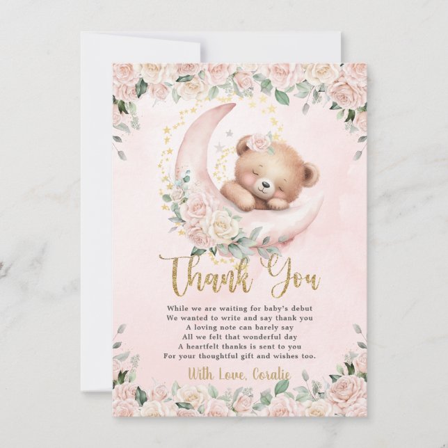 Cute Teddy Bear Blush Pink Floral Girl Baby Shower Thank You Card (Front)