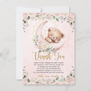 Cute Teddy Bear Blush Pink Floral Girl Baby Shower Thank You Card
