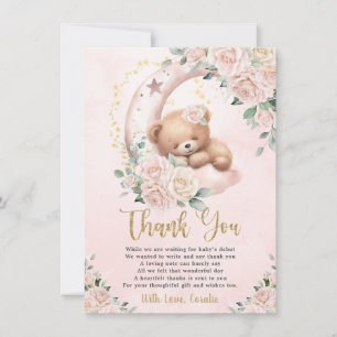 Cute Teddy Bear Blush Pink Floral Girl Baby Shower Thank You Card