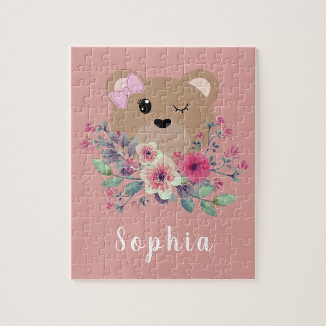 Cute Teddy Bear Blush Pink Kids & Name Jigsaw Puzzle (Vertical)