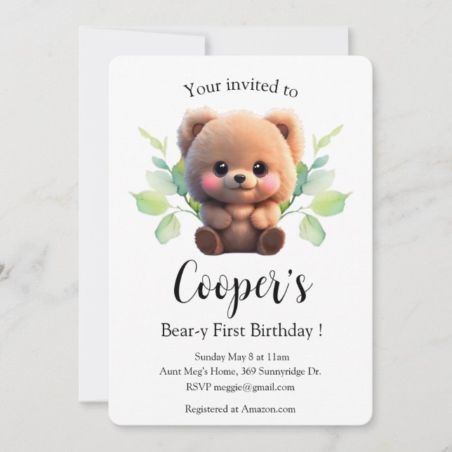 Cute teddy bear boho botanical 1st birthday  (Front)