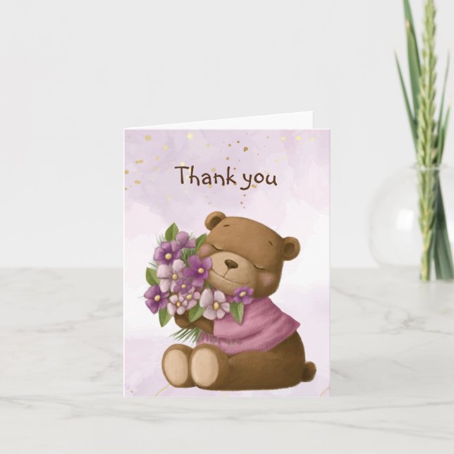 Cute Teddy Bear Bouquet Flowers Floral Thank you Card (Front)