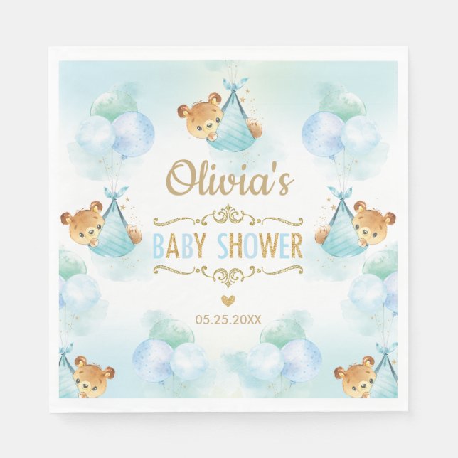 Cute Teddy Bear Boy Baby Shower Blue Paper Napkin (Front)