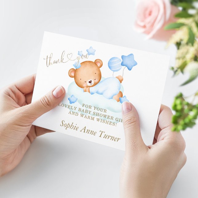 Cute Teddy Bear Boy Baby Shower Calligraphy  Thank You Card (Creator Uploaded)