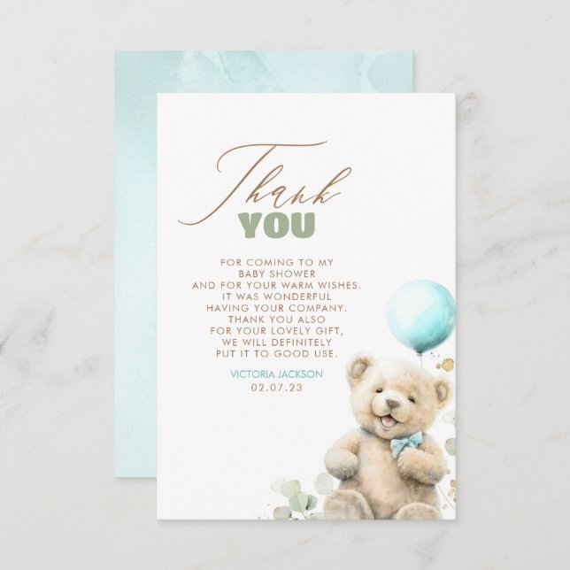 Cute Teddy Bear Boy Baby Shower Thank You (Front/Back)