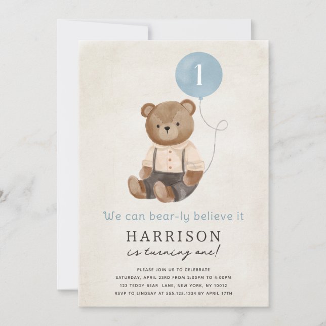 Cute Teddy Bear Boy Birthday Party Invitation (Front)