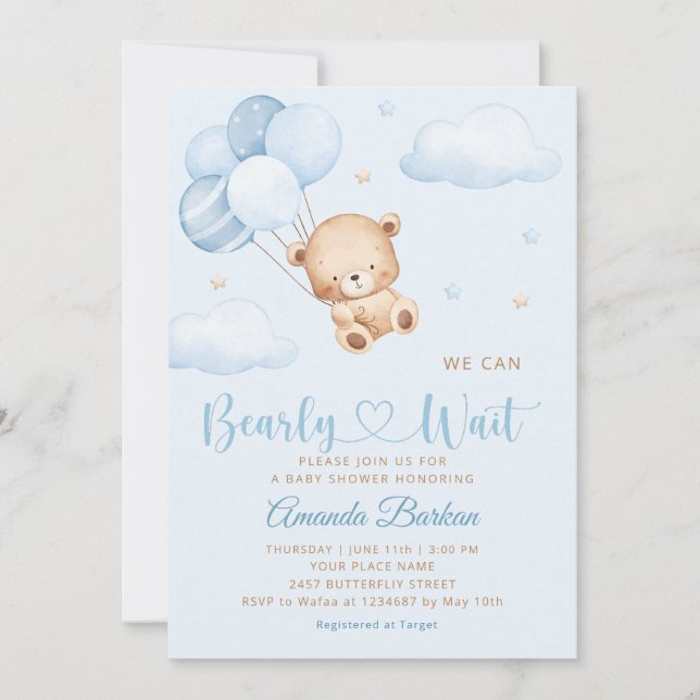 Cute Teddy Bear Boy Blue Bearly Wait Baby Shower  Invitation (Front)