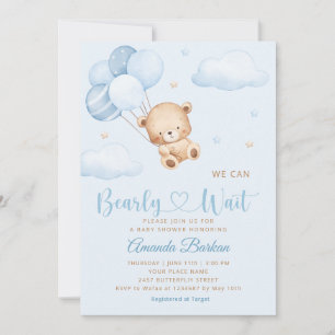 Cute Teddy Bear Boy Blue Bearly Wait Baby Shower  Invitation