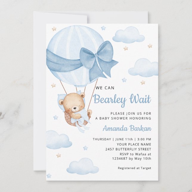 Cute Teddy Bear Boy Blue Bearly Wait Baby Shower Invitation (Front)