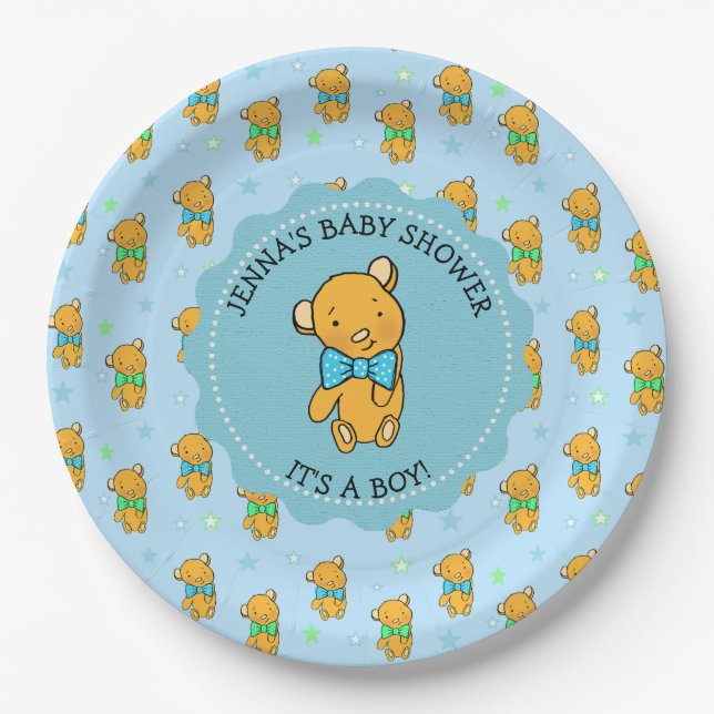 Cute Teddy Bear Boy's Baby Shower Paper Plate (Front)
