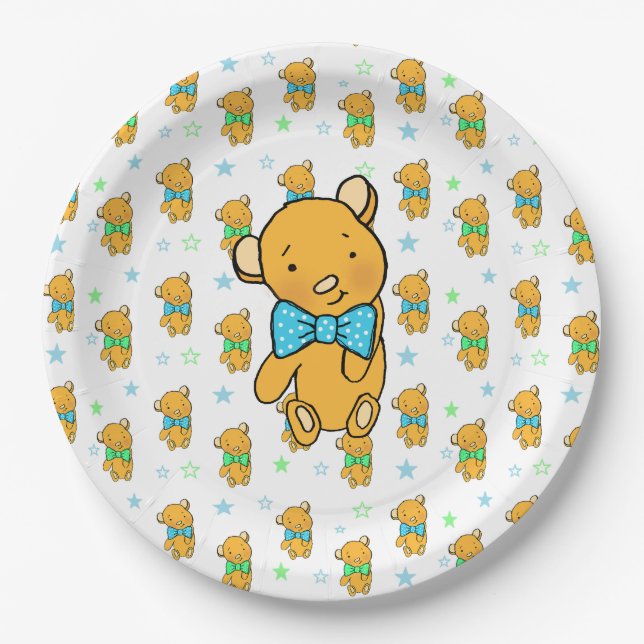 Cute Teddy Bear Boy's Baby Shower Paper Plate (Front)