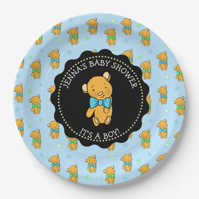 Cute Teddy Bear Boy's Baby Shower Paper Plate (Front)