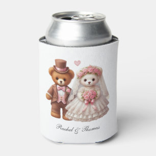 Cute Teddy Bear Bride And Groom Wedding  Can Cooler