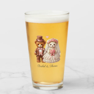 Cute Teddy Bear Bride And Groom Wedding Glass