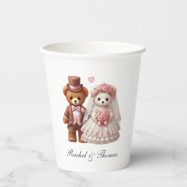 Cute Teddy Bear Bride And Groom Wedding  Paper Cups (Front)