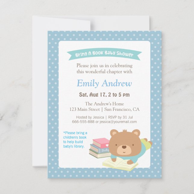 Cute Teddy Bear Bring a Book Baby Shower Invitation (Front)