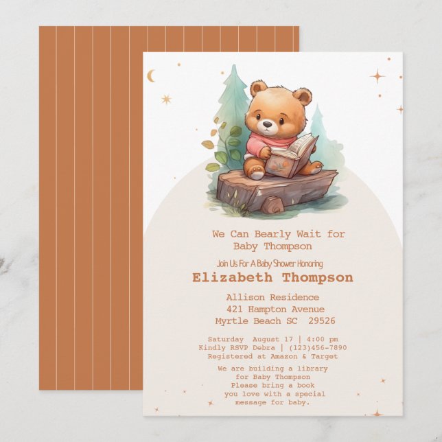 Cute Teddy Bear Bring a Book Baby Shower Invitation (Front/Back)