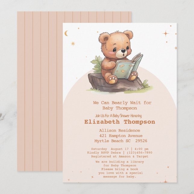 Cute Teddy Bear Bring a Book Baby Shower Invitation (Front/Back)