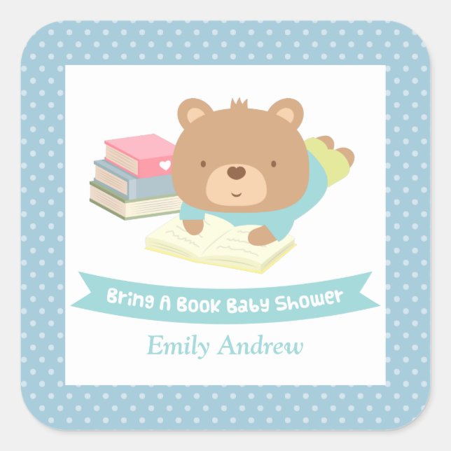 Cute Teddy Bear Bring a Book Baby Shower Square Sticker (Front)