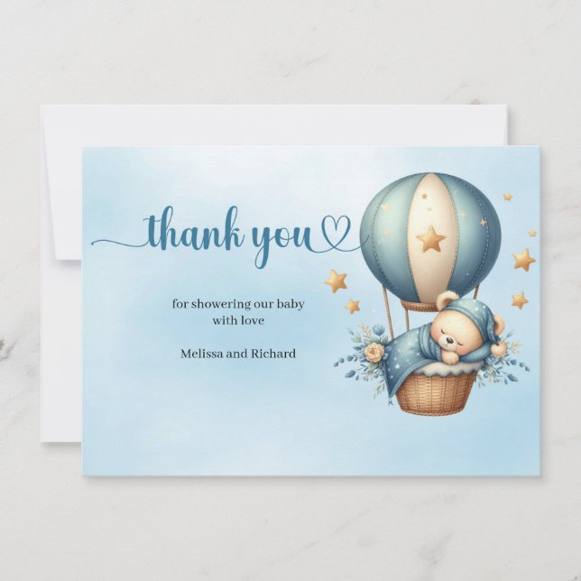 Cute teddy bear brown ivory blue hot air balloon thank you card (Front)