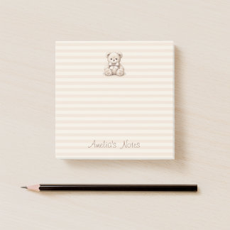 Cute Teddy Bear Brown Stripes & Kid Name Script Post-it Notes