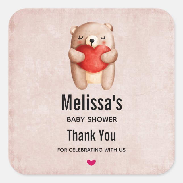 Cute Teddy Bear Carrying a Red Heart Baby Shower Square Sticker (Front)