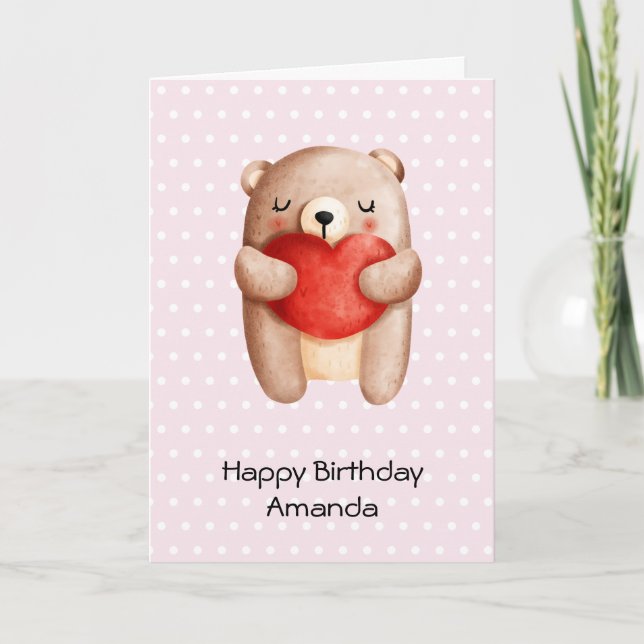 Cute Teddy Bear Carrying a Red Heart Birthday Card (Front)