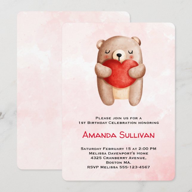 Cute Teddy Bear Carrying a Red Heart Birthday Invitation (Front/Back)