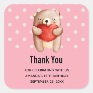 Cute Teddy Bear Carrying a Red Heart Birthday Square Sticker