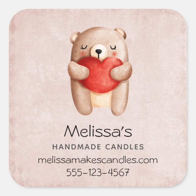 Cute Teddy Bear Carrying a Red Heart Business Square Sticker (Front)