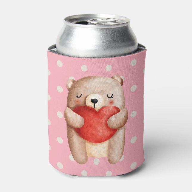 Cute Teddy Bear Carrying a Red Heart Can Cooler (Can Front)