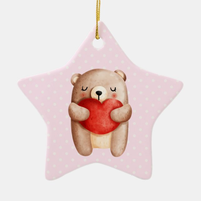 Cute Teddy Bear Carrying a Red Heart Ceramic Tree Decoration (Front)