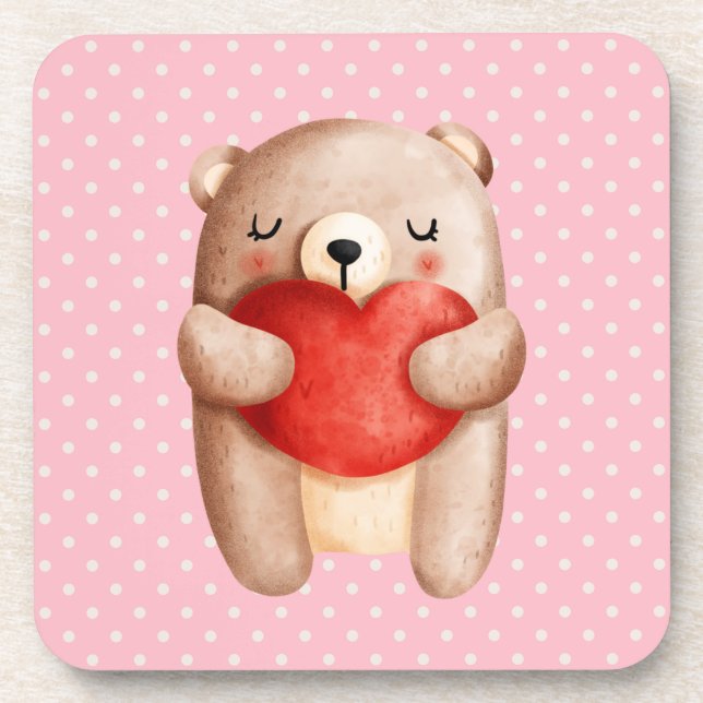 Cute Teddy Bear Carrying a Red Heart Coaster (Front)