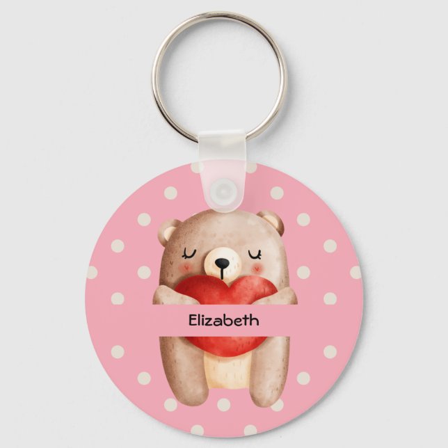 Cute Teddy Bear Carrying a Red Heart Key Ring (Front)