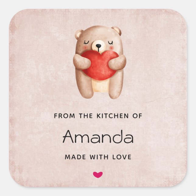 Cute Teddy Bear Carrying a Red Heart Kitchen Square Sticker (Front)