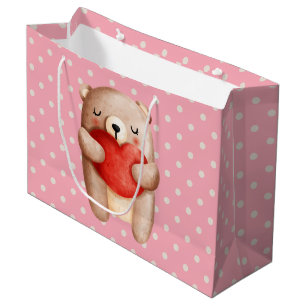 Cute Teddy Bear Carrying a Red Heart Large Gift Bag