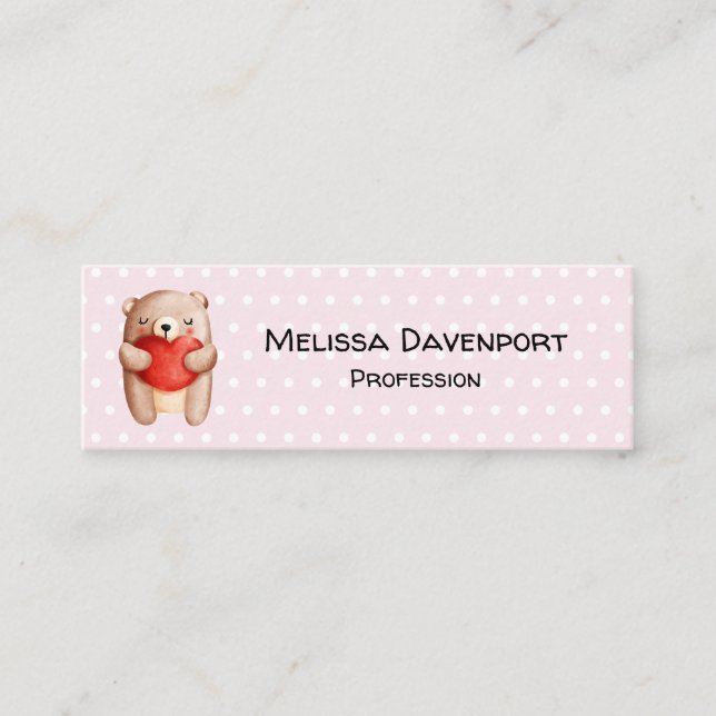 Cute Teddy Bear Carrying a Red Heart Mini Business Card (Front)