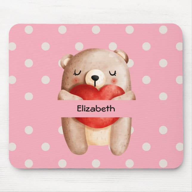 Cute Teddy Bear Carrying a Red Heart Mouse Mat (Front)