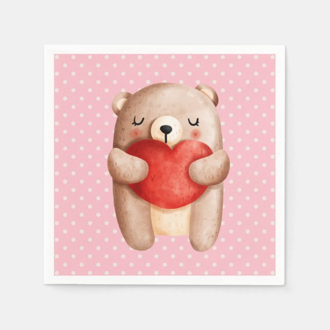 Cute Teddy Bear Carrying a Red Heart Napkin (Front)