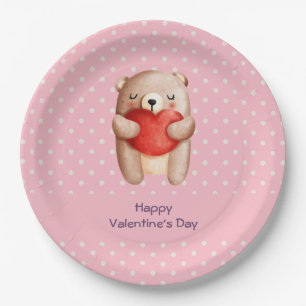 Cute Teddy Bear Carrying a Red Heart Paper Plate
