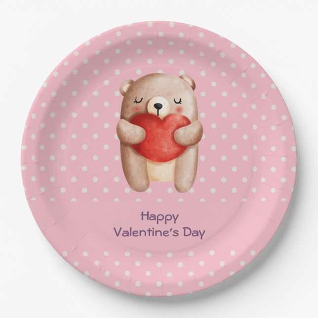Cute Teddy Bear Carrying a Red Heart Paper Plate (Front)