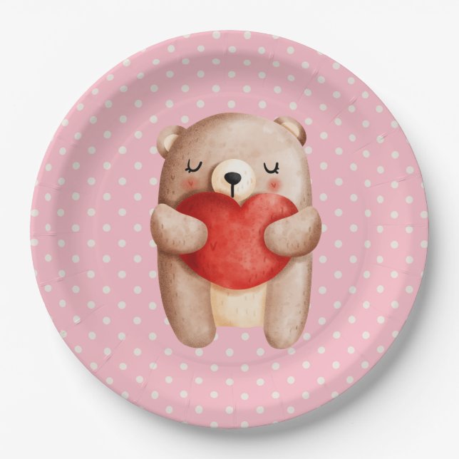  Cute Teddy Bear Carrying a Red Heart Paper Plate (Front)