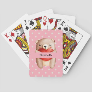 Cute Teddy Bear Carrying a Red Heart Playing Cards