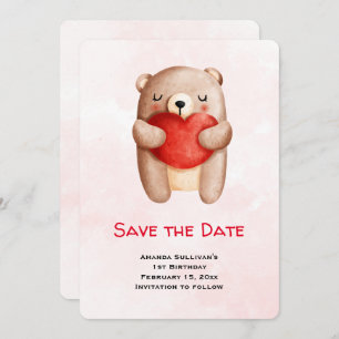 Cute Teddy Bear Carrying a Red Heart Save the Date