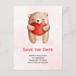Cute Teddy Bear Carrying a Red Heart Save the Date Invitation Postcard