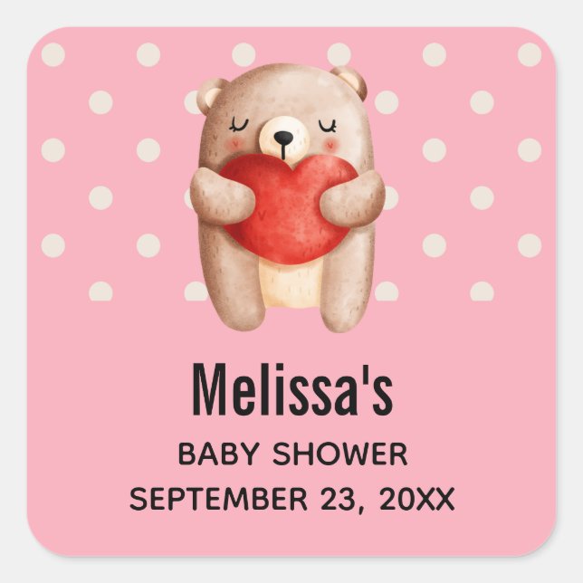 Cute Teddy Bear Carrying a Red Heart Save the Date Square Sticker (Front)