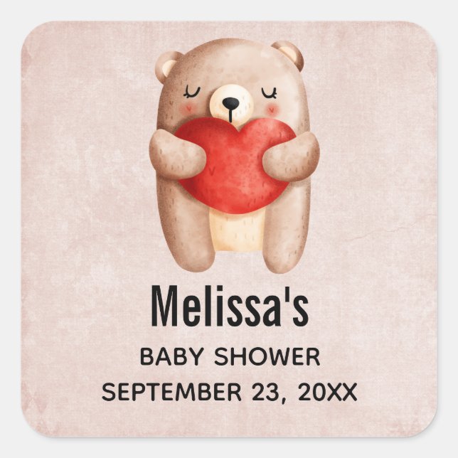 Cute Teddy Bear Carrying a Red Heart Save the Date Square Sticker (Front)