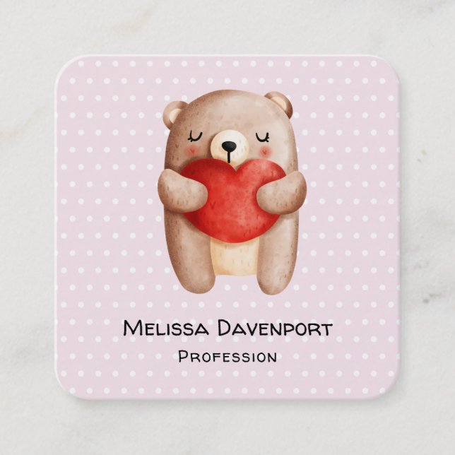 Cute Teddy Bear Carrying a Red Heart Square Business Card (Front)